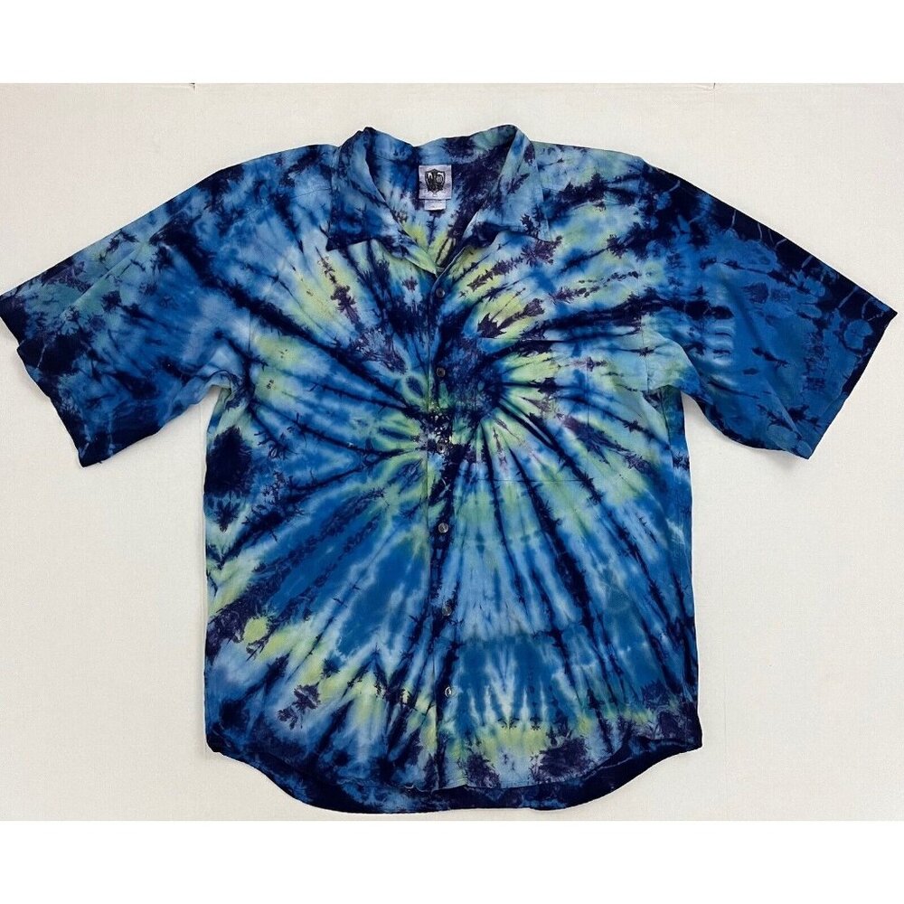 Vintage 90s World Beat Tie Dye Button Up Shirt Cotton Hippie Surf  Men's M